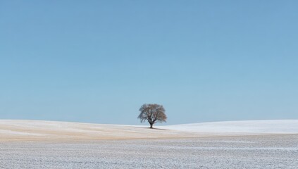 A solitary tree stands on a snow-covered field beneath a clear blue sky