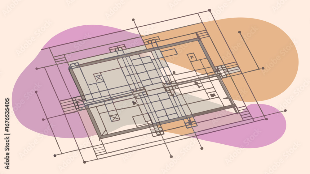 Poster abstract architectural blueprint with geometric lines and soft pastel shapes creating a modern artis