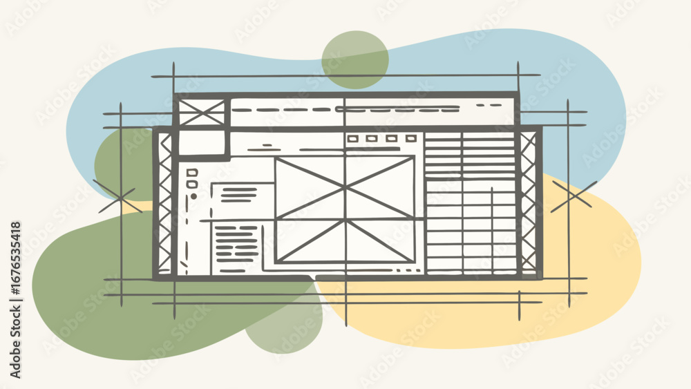 Poster abstract architectural blueprint sketch with organic pastel color blobs and grid lines