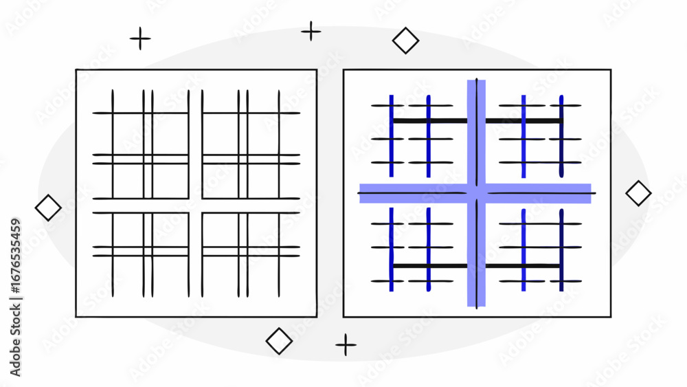 Poster visual comparison of a grid structure with and without highlighted intersecting lines and segments