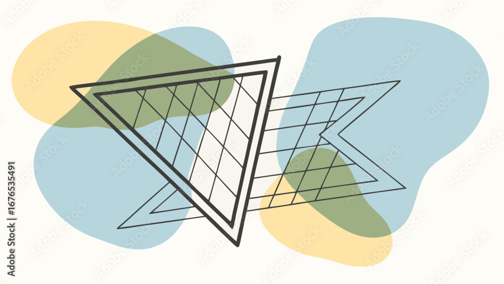 Poster abstract geometric shapes with a wireframe triangle and arrow on a pastel background