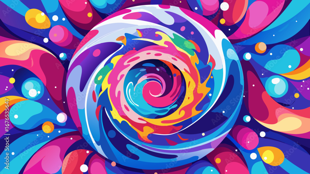 Poster vibrant swirling vortex of abstract colorful shapes and bubbles in a psychedelic design