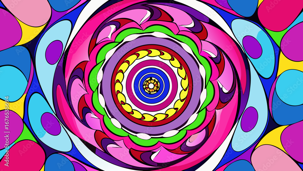 Poster vibrant psychedelic vortex pattern with concentric colorful shapes and swirling abstract design