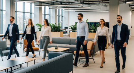 Diverse professionals in motion blur navigating a modern, high-tech coworking lounge, featuring contemporary design, stylish furniture, and natural greenery.