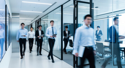 A dynamic motion blur of modern business professionals walking through a sleek, high-tech office corridor alongside contemporary glass meeting rooms in a bustling coworking environment.