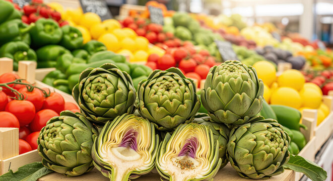 Close-up View of Green Artichokes, Both Whole and Sliced, Arranged on a Wooden Stall at a Bustling Outdoor Farmers Market - Powered by Adobe