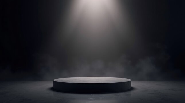 Circular stage spotlighted with smoke podium dark