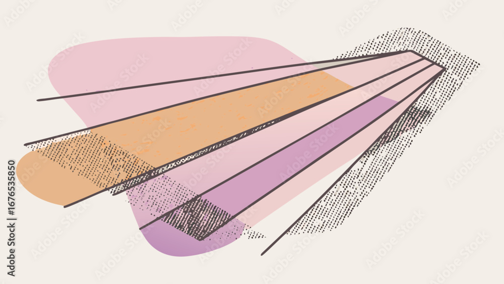 Poster abstract geometric composition with pastel colors and textured lines creating a fan like effect