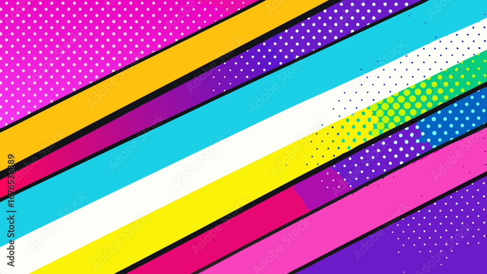 Poster vibrant diagonal stripes and polka dots in a retro pop art style
