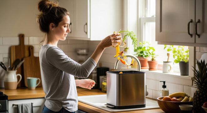 Woman responsibly disposing of organic kitchen waste into a sleek stainless steel compost bin at home, promoting sustainable living practices. - Powered by Adobe