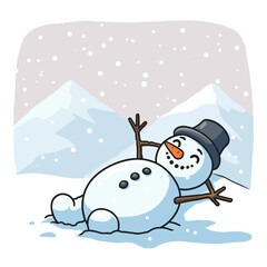 Joyful snowman lying in the snow with raised arms, enjoying a gentle snowfall.