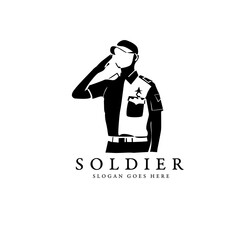 Silhouette soldier saluting, military logo design. Classic security and defense emblem for army, police, veterans, military academy, protection services, and patriotic identity branding.