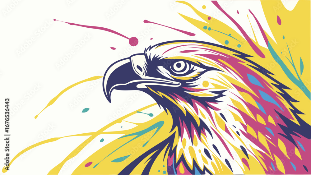 Poster vibrant abstract eagle head with splashes of color and dynamic feather strokes