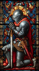 Fototapeta premium Stained glass window art of praying knight with sword medieval warrior artwork