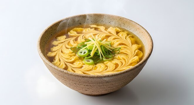 Bowl of egg drop soup with scallions and ginger, presented in an artisanal ceramic bowl against a white background.