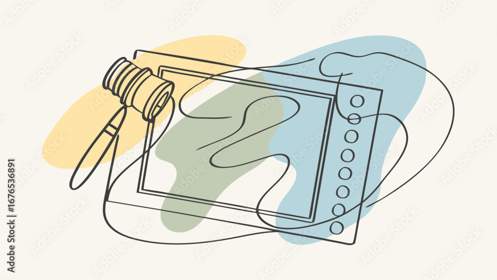 Poster abstract line art depicting a gavel and notebook with soft pastel color blocks