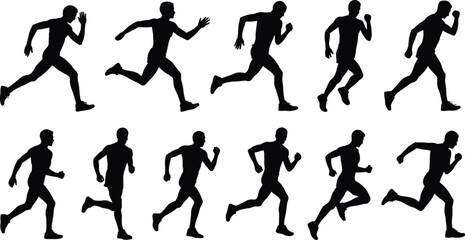 Silhouette sequence of man running fast, athlete sprinting stages, fitness motion illustration, human running cycle, sport exercise activity