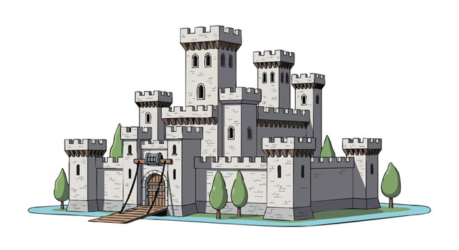 Illustrated medieval castle with towers and a drawbridge rising majestically from a small moat  against white canvas