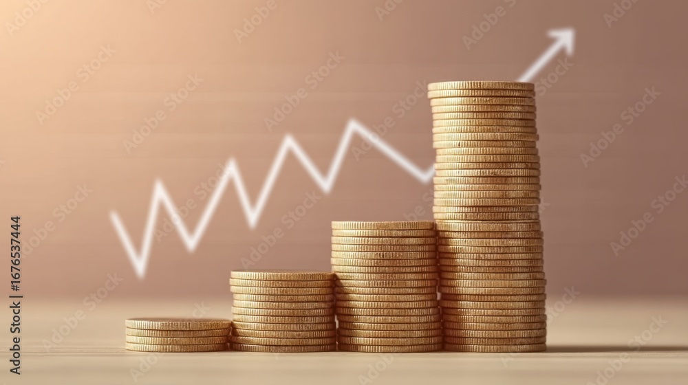 Poster growth and progress in finance represented by stacked coins and upward trend line on soft background