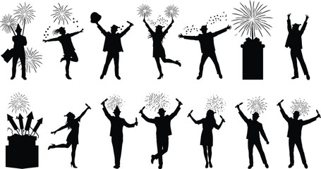 Silhouettes of party people celebrating with fireworks, confetti, champagne bottles, and hats, perfect for holiday, festival, and New Year themes