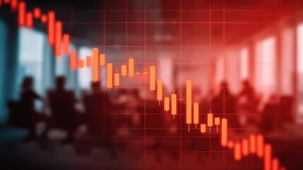 Financial Downturn Concept with Declining Stock Market Graph and Silhouettes of Business Professionals in a Meeting Room