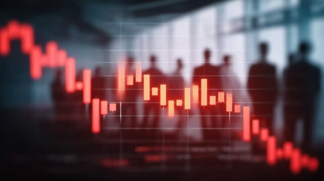 Business team silhouette observing declining stock market trends represented by a red candlestick chart in a modern corporate environment