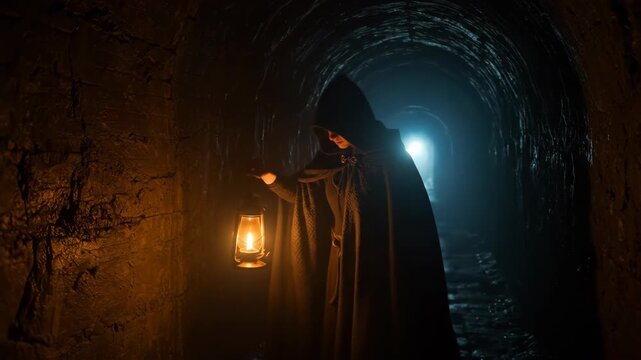 Mysterious figure in a hooded cloak holding a lantern in a dark tunnel.
