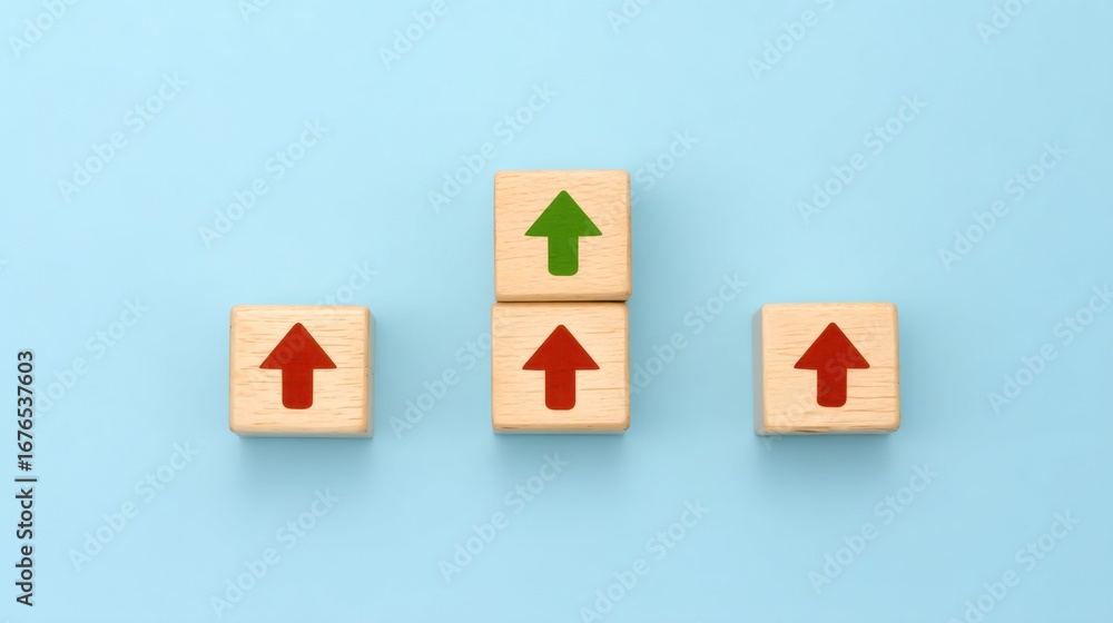 Aufkleber wooden blocks with upward arrows showcasing growth and progress concept in a minimalist design on a 