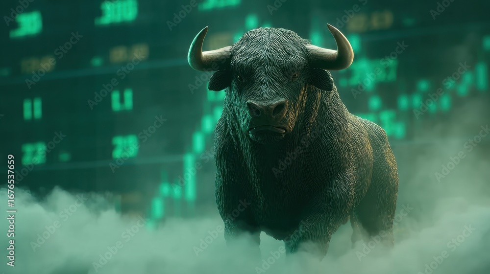 Poster powerful bull standing strong against the backdrop of rising stock market data with vibrant green fi
