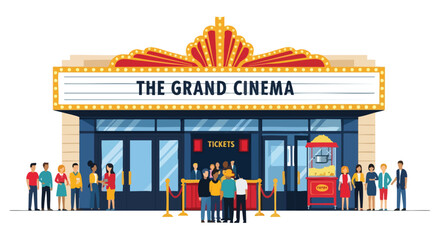 Attendees anticipating cinematic performance at grand movie theater building venue attraction