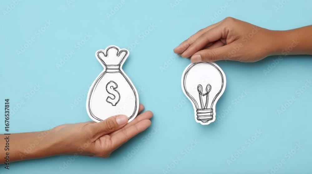 Poster hands presenting a sketch of a money bag and a light bulb symbolizing financial ideas and creativity