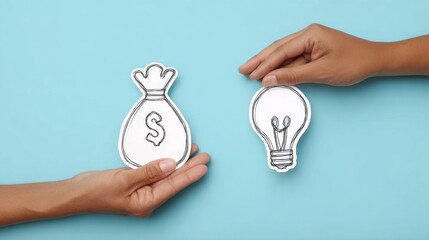 Hands presenting a sketch of a money bag and a light bulb symbolizing financial ideas and creativity on a blue background for stock image needs