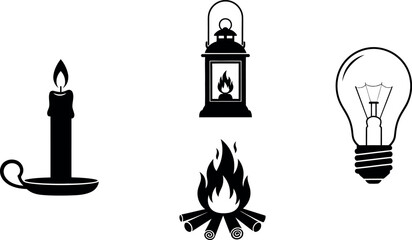 Black and White Icons of Candle, Lantern, Campfire, and Lightbulb for Energy and Illumination Concepts.