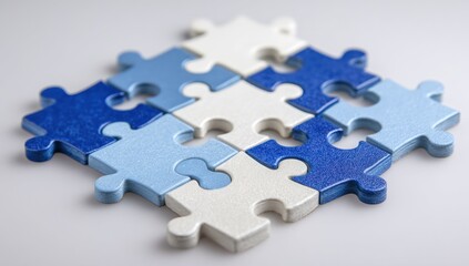 A close-up of a puzzle, with a light blue and white design