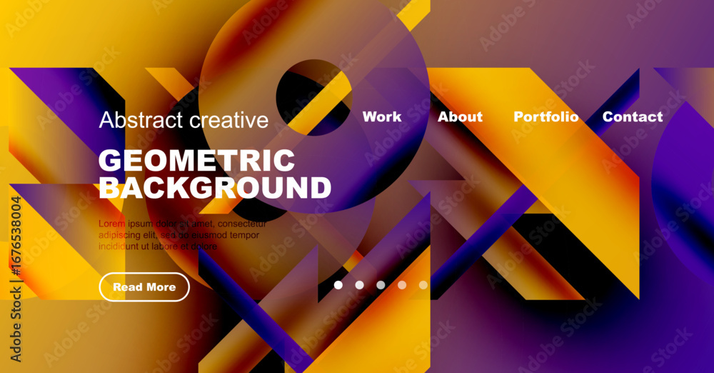 Poster abstract geometric design. vibrant colors, shapes overlap. website header with navigation options, t