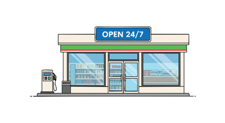 Illustration of a convenience store open 24/7, with a minimalist design, showing accessibility and service, ideal for commercial material