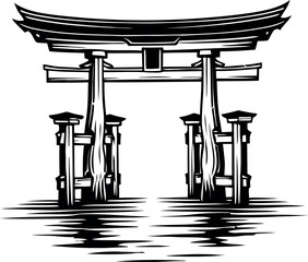 Traditional Japanese Torii gate in black and white vector illustration, symbolizing a sacred Shinto shrine entrance with a stylized water reflection.