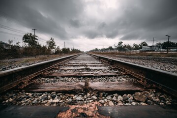 Obraz premium A long view down a railway track under a stormy sky