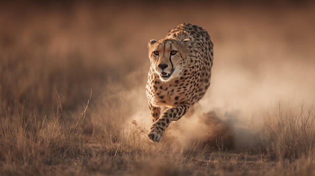 A cheetah sprints across the dry savanna, kicking up clouds of dust as it races forward with unmatched speed and power, its sharp eyes locked on its target.