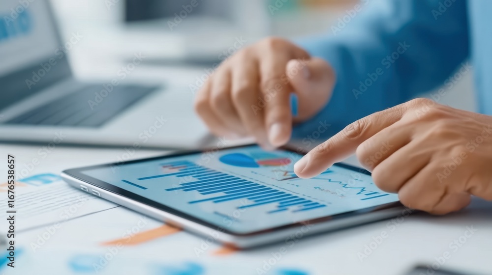 Poster professional hands analyzing digital graphs and charts on tablet device during a business meeting in