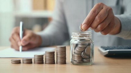 Close-Up of Hand Placing Coin into Glass Jar next to Stacked Coins on Wooden Table with Calculator and Paper for Financial Planning Concept