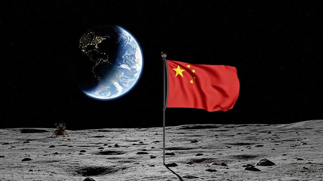 Chinese space exploration mission with a flag and a lunar lander on the moon's surface with Earth behind