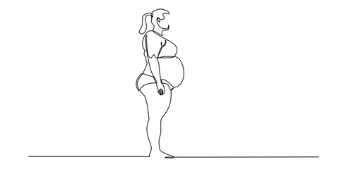Continuous line drawing of overweight woman standing in side view. One line minimalist body shape illustration, plus size female figure, obesity concep
