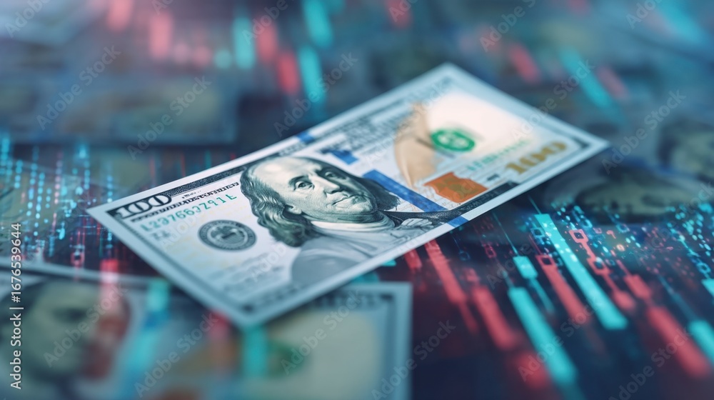 Poster close-up of benjamin franklin portrait on hundred dollar bill surrounded by colorful data visualizat