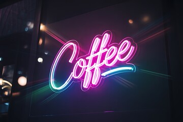 Vibrant neon "Coffee" sign glows invitingly, perfect for modern cafes and late-night spots.