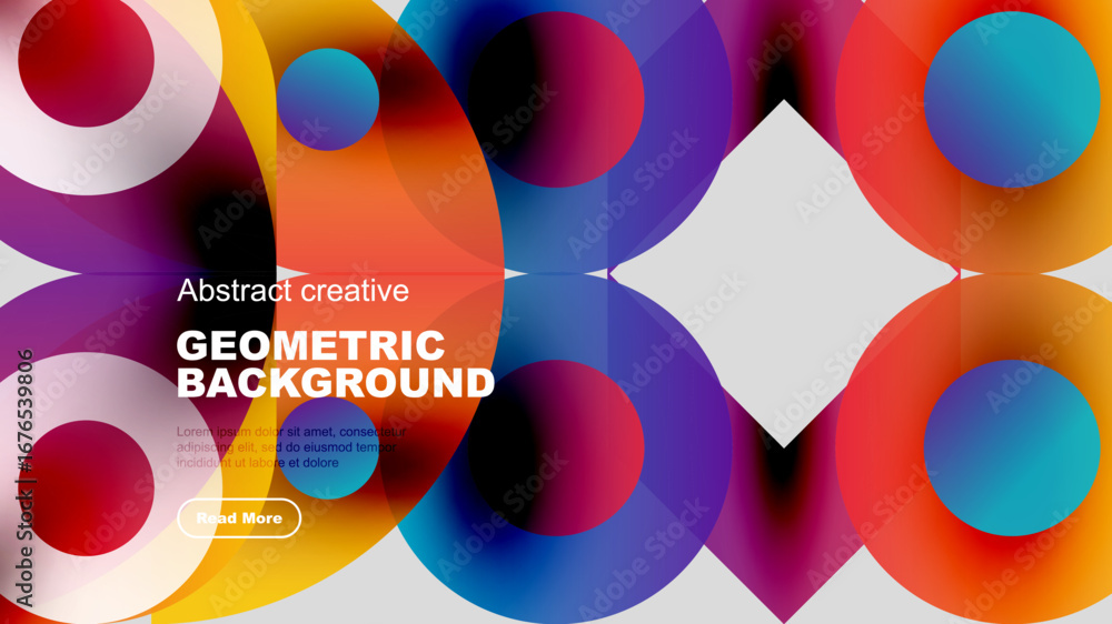 Poster vibrant geometric shapes overlap, creating colorful abstract background. text promotes creative desi