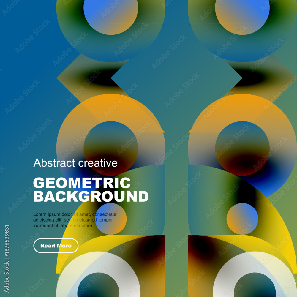 Poster vibrant geometric shapes overlap, creating colorful abstract background. text promotes creative desi