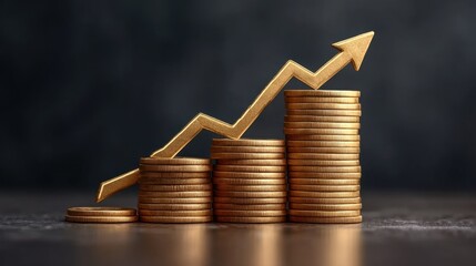 Golden coins stacked in ascending order with a rising arrow signifying growth, success, and financial achievement in a modern investment setting
