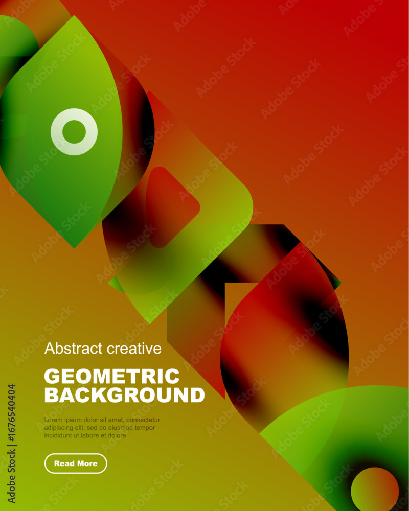 Poster vibrant geometric shapes overlap, creating dynamic colorful background. smooth gradients blend yello