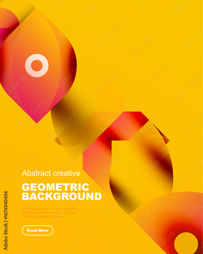 Poster bright yellow backdrop features overlapping geometric shapes. orange, blue hues create dynamic visua